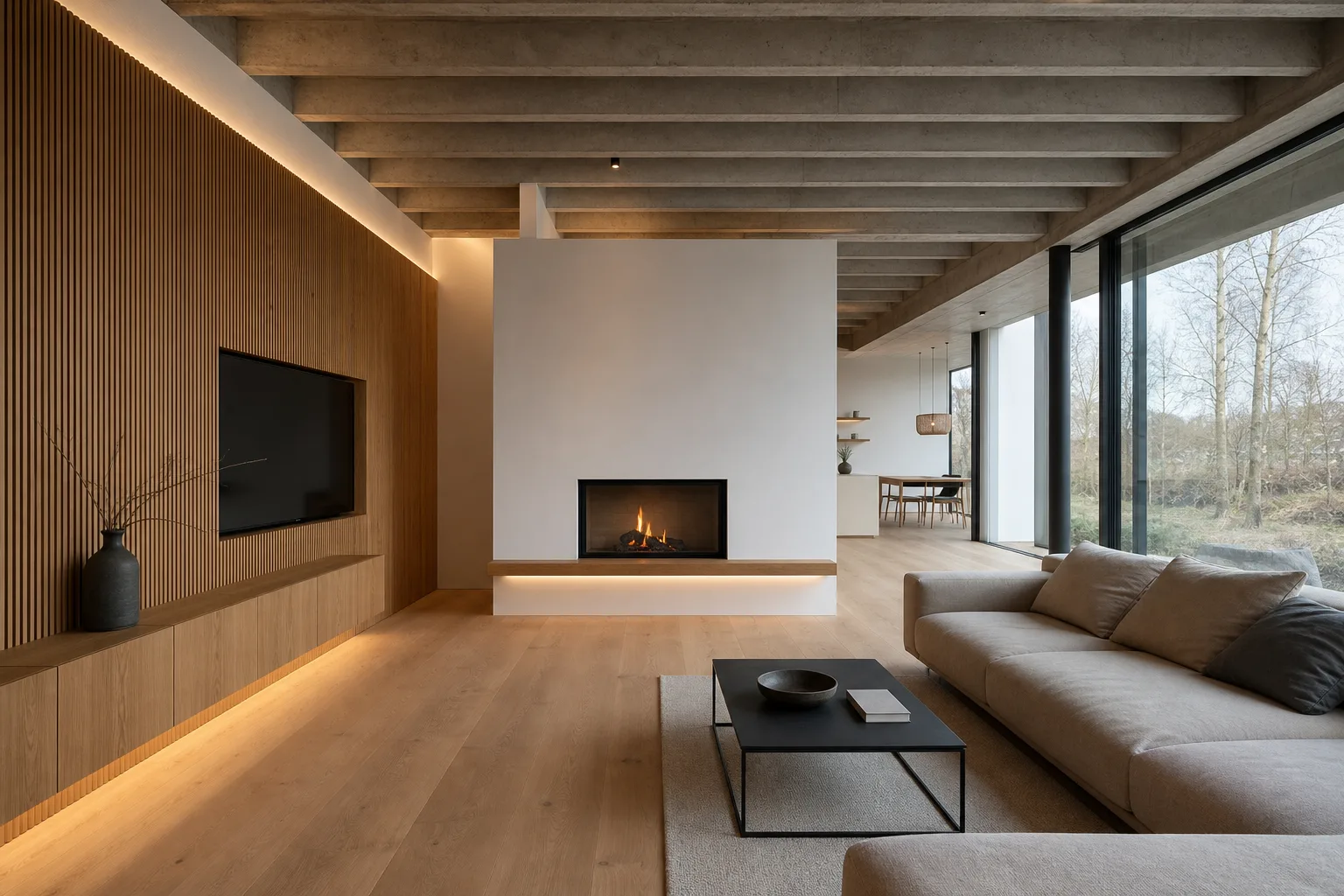 Moderner Innenausbau: offener Wohnraum mit Kamin, Holz-Wandverkleidung und indirekter LED-Beleuchtung
